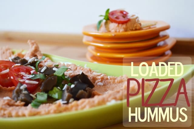 Loaded Pizza Hummus. Perfect for snacking or a perfect savory party food! www.superhealthykids.com