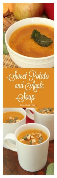 Sweet Potato and Apple Soup Recipe. A perfect balance of sweet and savory flavors that is gluten-free and dairy-free. https://www.superhealthykids.com/sweet-potato-apple-soup/