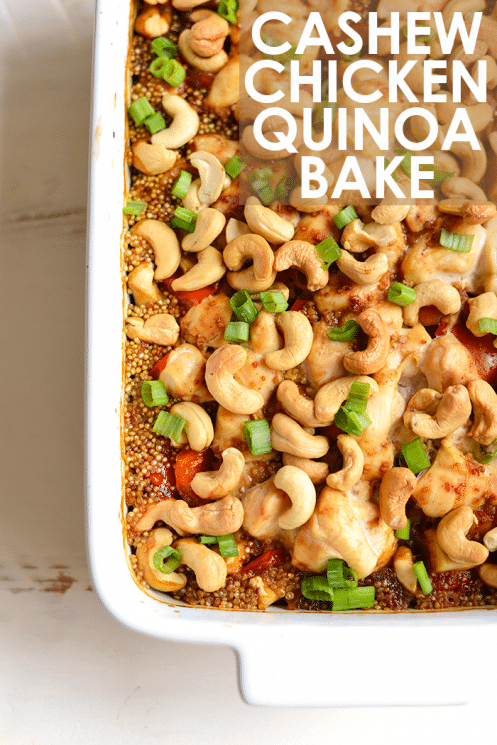 white casserole dish with chicken, cashews, and quinoa