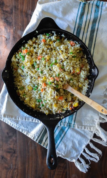 One-Skillet Fried Cauliflower Rice. Fried Rice without the Rice?!? You will love what we used instead! www.superhealthykids.com