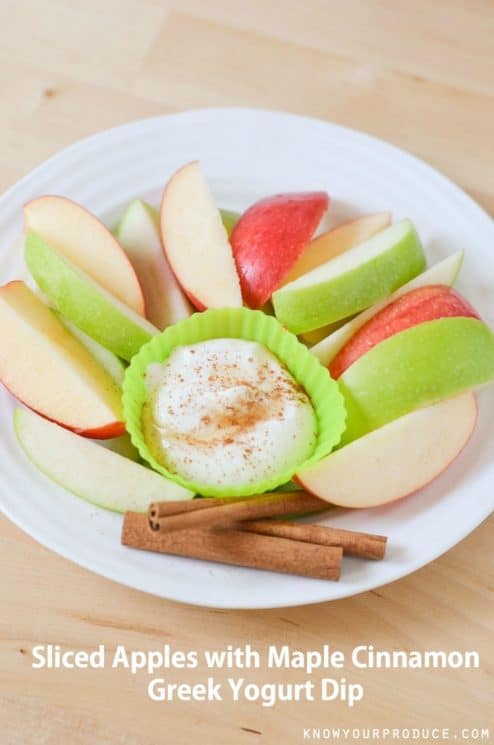 Apples with Maple Cinnamon Greek Yogurt Dip. Make your own dip that goes perfectly with apples! www.superhealthykids.com