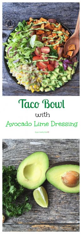 Taco Bowl with Avocado Lime Dressing. Move aside Cafe Rio! This taco bowl is fresh, amazingly delicious and can be made right in the comfort of your own kitchen! https://www.superhealthykids.com/taco-bowl-avocado-lime-dressing/