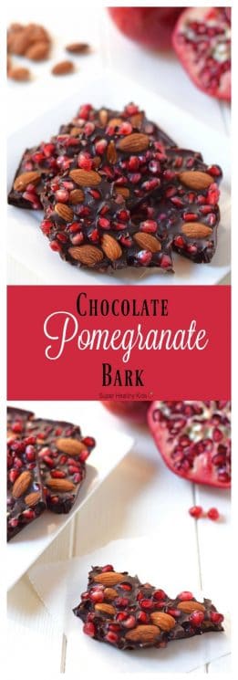 Chocolate Pomegranate Bark with Almonds. Made with just 3 ingredients, this delicious healthy dessert is the perfect way to enjoy pomegranate season! https://www.superhealthykids.com/chocolate-pomegranate-bark/