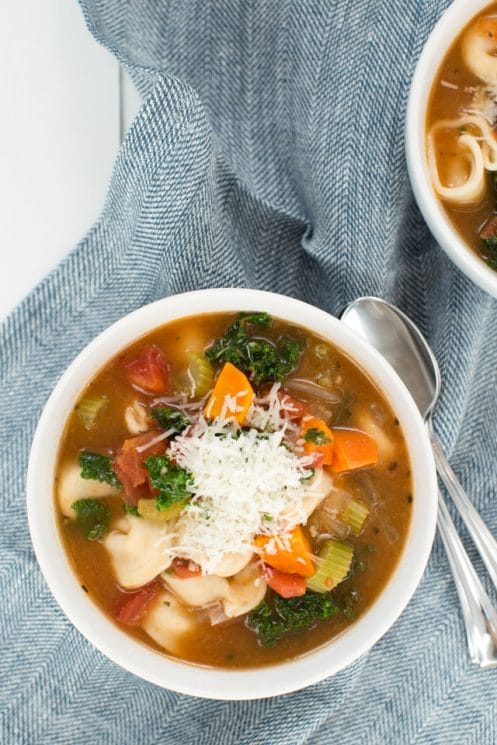 Easy Vegetable Tortellini Soup is made with fresh veggies, tortellini and a few simple seasonings. Kids and adults will love this soup that is made in under 30 minutes!