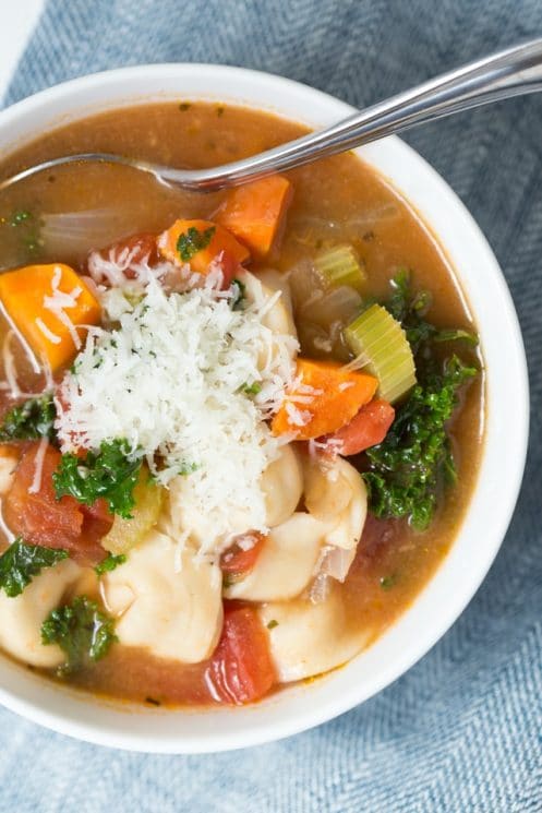 Easy Vegetable Tortellini Soup is made with fresh veggies, tortellini and a few simple seasonings. Kids and adults will love this soup that is made in under 30 minutes!