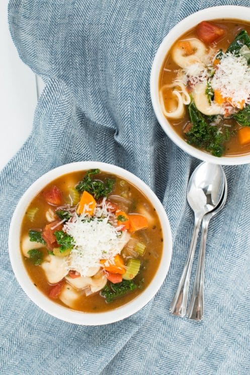 Easy Vegetable Tortellini Soup is made with fresh veggies, tortellini and a few simple seasonings. Kids and adults will love this soup that is made in under 30 minutes!