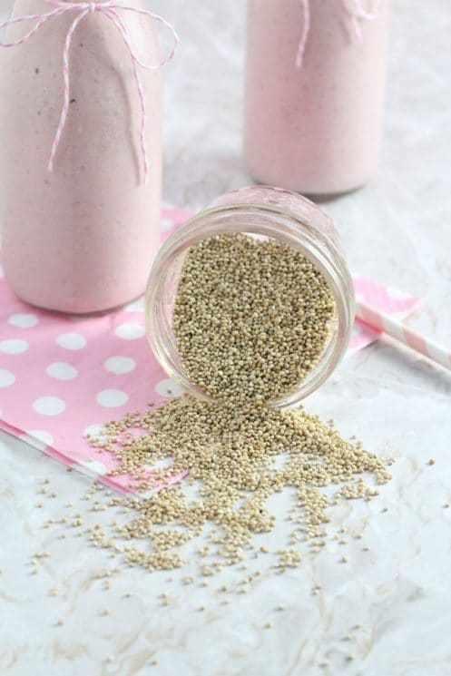 Raspberry Quinoa Smoothie. Naturally packed full of protein, this Raspberry Quinoa Smoothie makes a really delicious and healthy snack for the whole family!