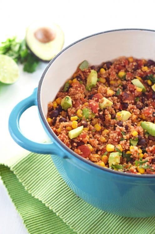 One Pot Mexican Quinoa. Packed with protein and vegetables, it only takes 20 minutes to have this healthy, nutritious, gluten free One Pot Mexican Quinoa on the table!