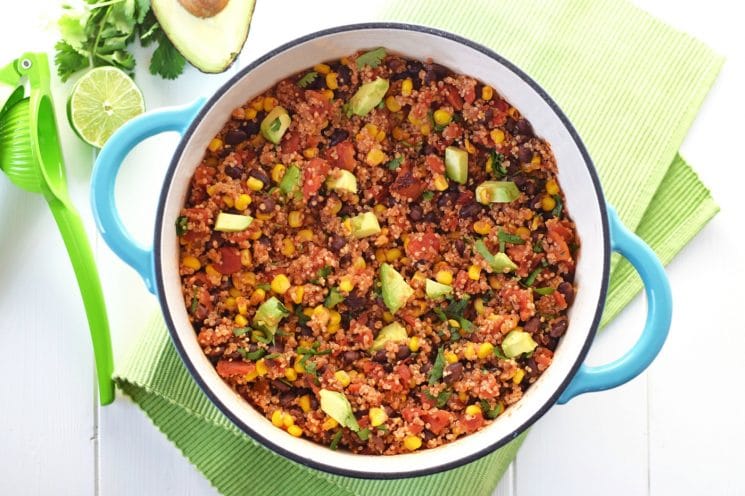 One Pot Mexican Quinoa. Packed with protein and vegetables, it only takes 20 minutes to have this healthy, nutritious, gluten free One Pot Mexican Quinoa on the table!