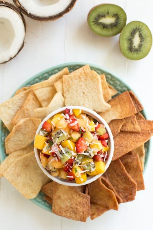 Easy Tropical Fruit Salsa made with fresh mango, pineapple, kiwi, strawberries and unsweetened coconut! www.superhealthykids.com