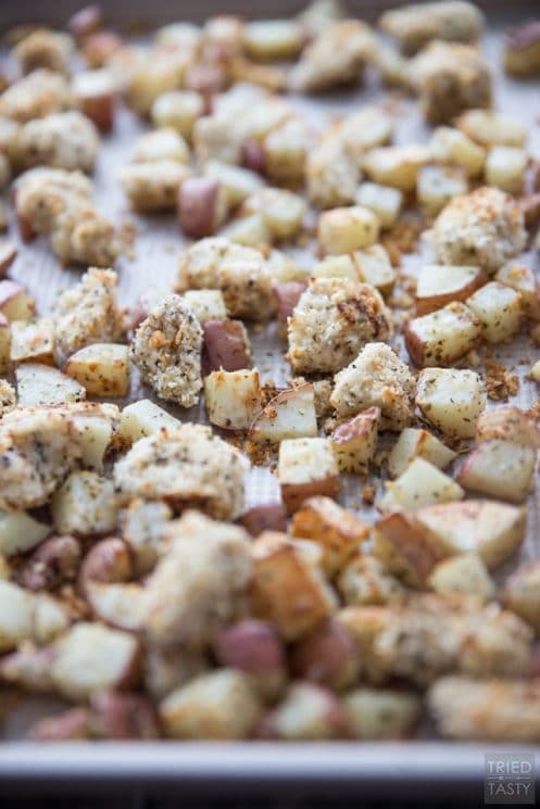 RANCH CRUSTED CHICKEN NUGGETS AND ROASTED POTATOES | This one pan meal is sure to please kids and adults alike. Make with only a few simple ingredients, these are chicken nuggets you can feel good about feeing your children!