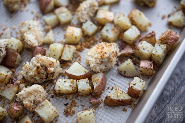 RANCH CRUSTED CHICKEN NUGGETS AND ROASTED POTATOES | This one pan meal is sure to please kids and adults alike. Make with only a few simple ingredients, these are chicken nuggets you can feel good about feeing your children!