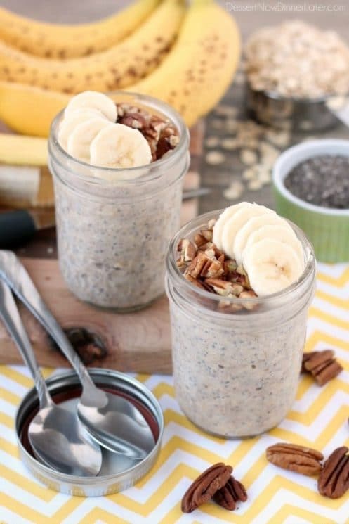 Banana bread inspired overnight oats are quick to whip up for a great breakfast or snack on-the-go! www.superhealthykids.com