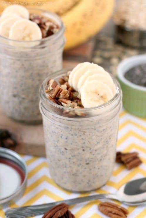 Banana bread inspired overnight oats are quick to whip up for a great breakfast or snack on-the-go! www.superhealthykids.com