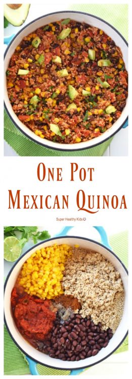 FOOD - One Pot Mexican Quinoa. Packed with protein and vegetables, it only takes 20 minutes to have this healthy, nutritious, gluten free dish on the table! https://www.superhealthykids.com/one-pot-mexican-quinoa/
