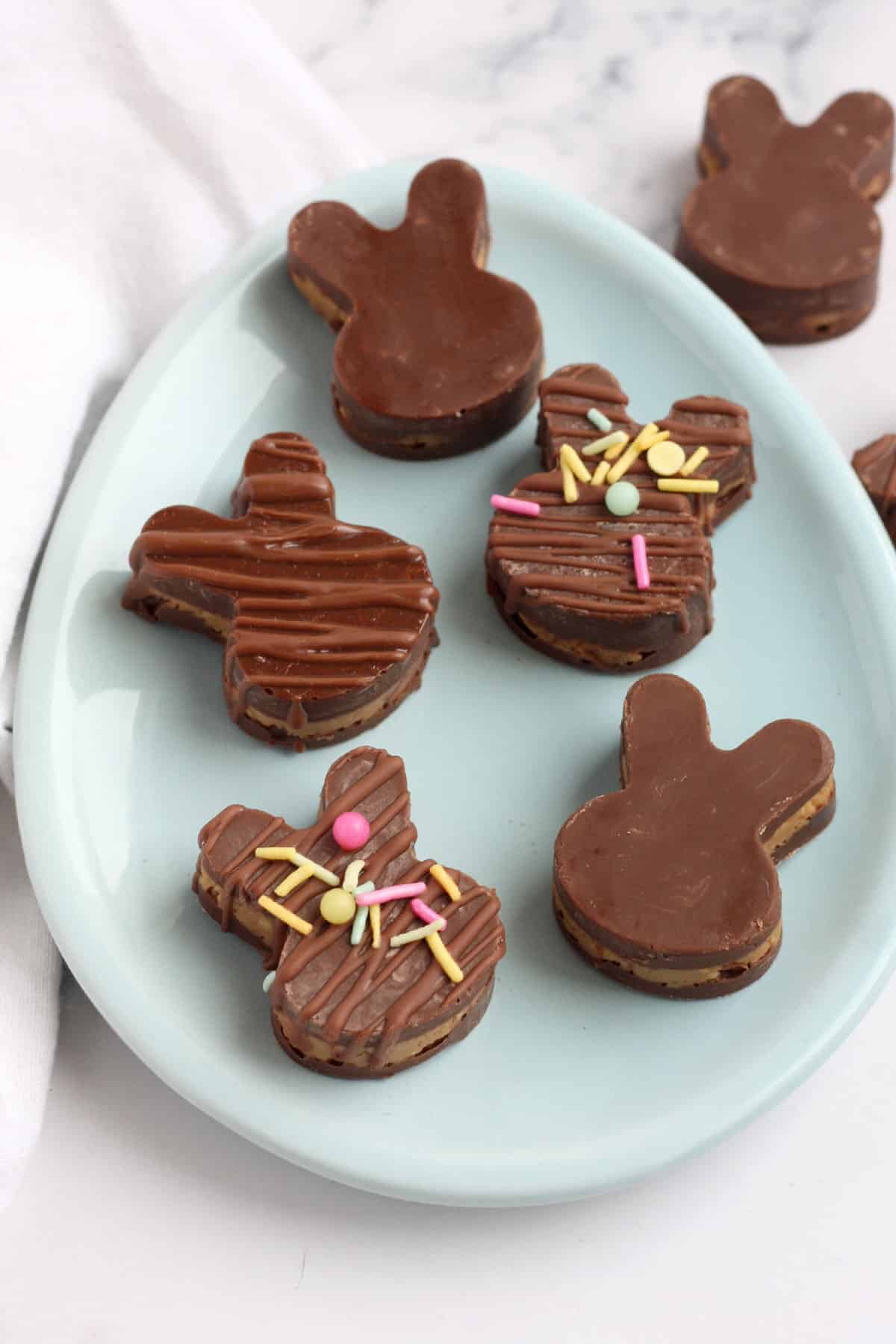 peanut butter cup bunnies on a blue plate