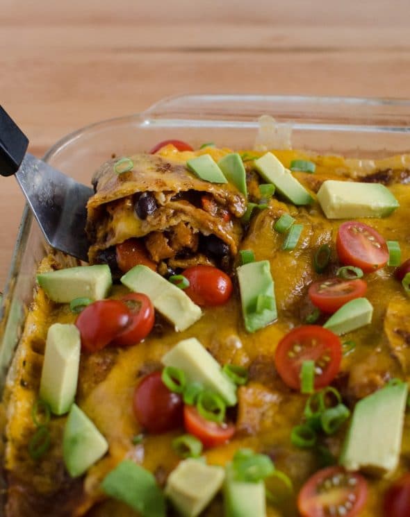 Roasted Sweet Potato and Black Bean Enchilada recipe. www.superhealthykids.com 