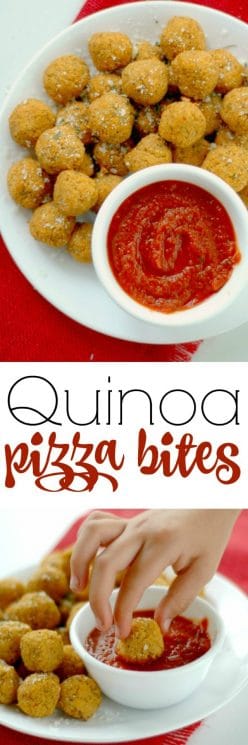 Quinoa Pizza Bites. These power packed little pizza bites are loaded with balanced protein, antioxidant rich veggies, and with a big pizza flavor, the kids will never know! https://www.superhealthykids.com/quinoa-pizza-bites-recipe/