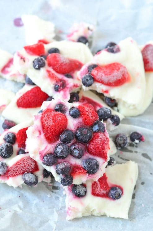 Strawberry Blueberry Frozen Yogurt Bark. A healthy and refreshing frozen treat for summer. Super easy to make, and a great thing to have in your freezer for an afternoon snack. www.superhealthykids.com