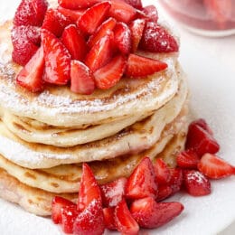 Strawberry Pancakes 2 strawberry pancakes with chopped pancakes on top