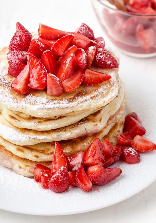 strawberry pancakes with chopped pancakes on top