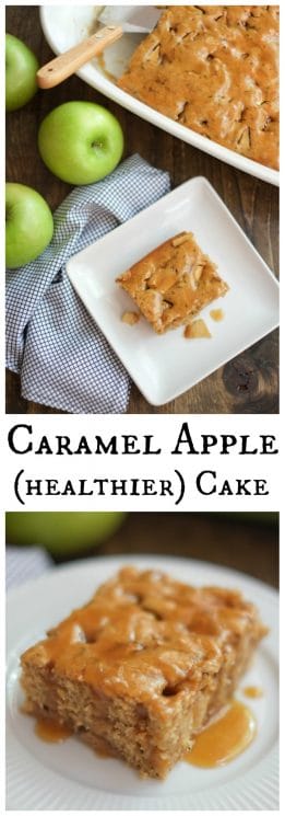 Healthier Caramel Apple Cake. This caramel apple cake tastes like a cross between a caramel apple and coffee cake - but with half the sugar and fat of similar recipes! https://www.superhealthykids.com/healthier-caramel-apple-cake-recipe/