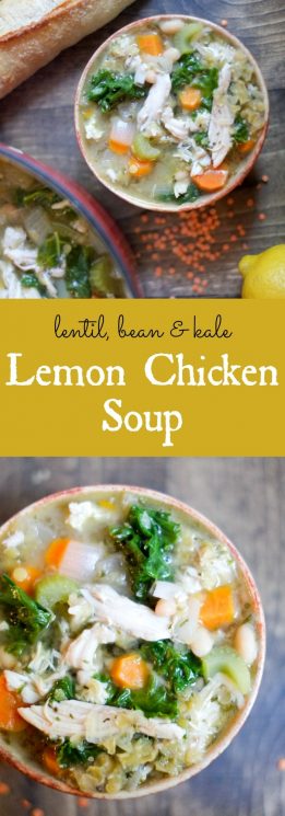 Lemon Chicken Soup with Lentils, Kale, & Beans. This soup contains a double dose of one of our favorite things! https://www.superhealthykids.com/lemon-chicken-soup-lentils-kale-beans-recipe/