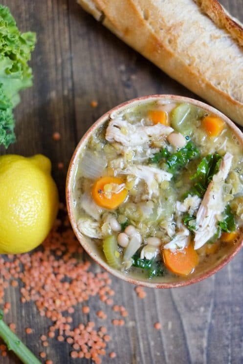 Lemon Chicken Soup with Lentils, Kale, & Beans. Hearty, filling chicken soup with a lemon twist!