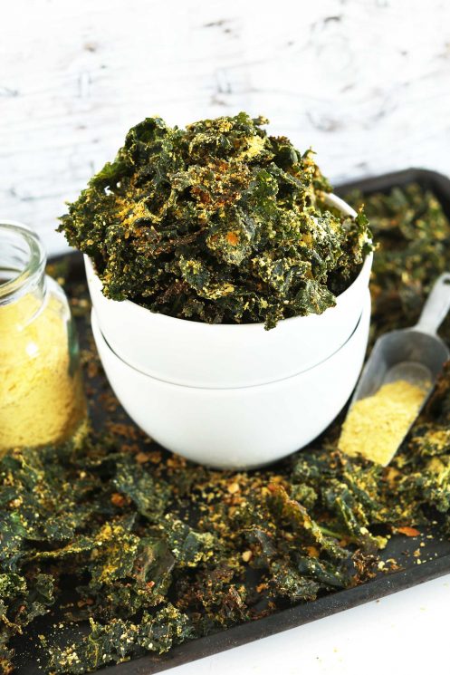 roasted kale chips in a white bowl