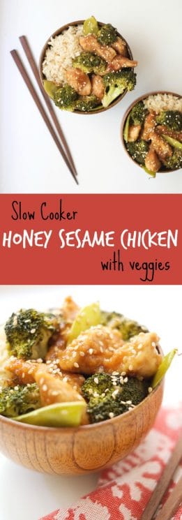 Slow Cooker Honey Sesame Chicken with Veggies. This slow cooker honey sesame chicken (with veggies!) is prepped in just 15 minutes. Then just three hours in the crock pot and you have a healthy meal! https://www.superhealthykids.com/slow-cooker-honey-sesame-chicken-veggies-recipe/