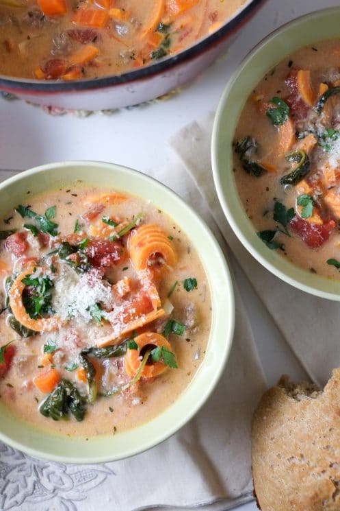 Spiralized Sweet Potato & Sausage Soup. Sweet potatoes spiralized into a creamy and flavorful soup! With just the right balance of creamy and fresh, light but filling, everyone is happy.