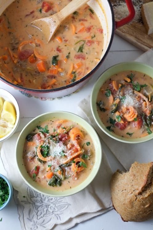 Spiralized Sweet Potato & Sausage Soup. Sweet potatoes spiralized into a creamy and flavorful soup! With just the right balance of creamy and fresh, light but filling, everyone is happy.