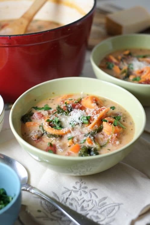 Spiralized Sweet Potato & Sausage Soup. Sweet potatoes spiralized into a creamy and flavorful soup! With just the right balance of creamy and fresh, light but filling, everyone is happy.