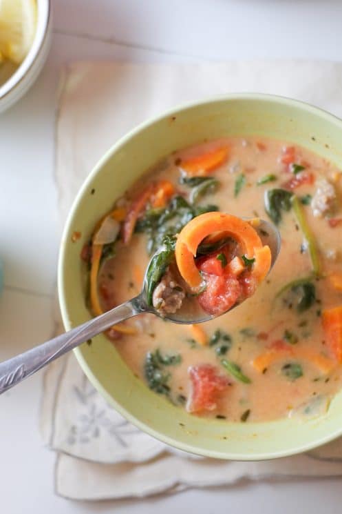 Spiralized Sweet Potato & Sausage Soup. Sweet potatoes spiralized into a creamy and flavorful soup! With just the right balance of creamy and fresh, light but filling, everyone is happy.