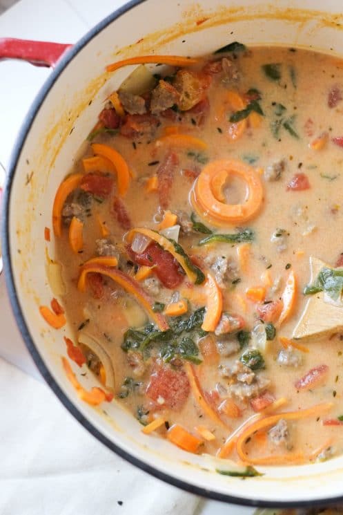 Spiralized Sweet Potato & Sausage Soup. Sweet potatoes spiralized into a creamy and flavorful soup! With just the right balance of creamy and fresh, light but filling, everyone is happy.
