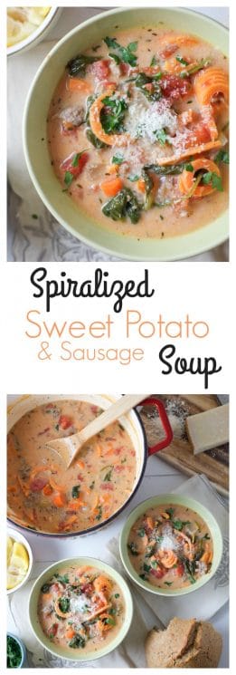 Spiralized Sweet Potato & Sausage Soup. Sweet potatoes spiralized into a creamy and flavorful soup! With just the right balance of creamy and fresh, light but filling, everyone is happy. https://www.superhealthykids.com/spiralized-sweet-potato-sausage-soup-recipe/