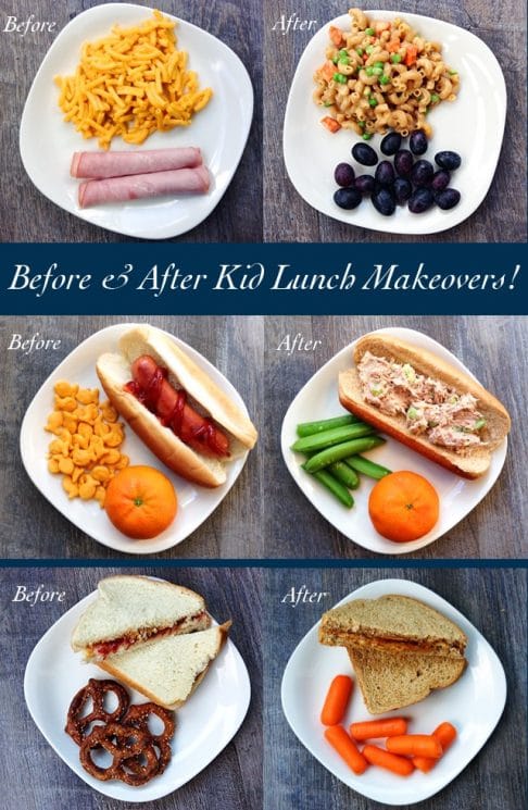 Before and After Kid Lunch Makeovers. Photo inspiration and practical tips for adding great nutrition to kid lunches! Try these easy, healthful ingredient swaps. https://www.superhealthykids.com/before-and-after-kid-lunch-makeovers/