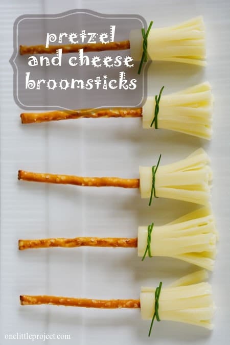 Cheese and pretzel broomstick