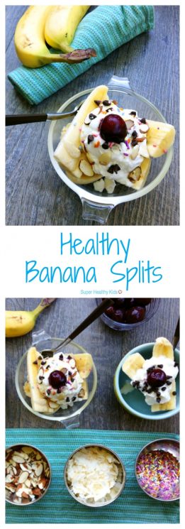 FOOD - Healthy Banana Splits. Turn a traditionally-decadent dessert into a healthful snack with whole milk yogurt, fruit, seeds and dark chocolate chips! https://www.superhealthykids.com/kids-favorite-healthy-banana-split/