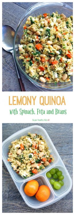 Lemony Quinoa with Spinach, Feta and Beans. Mediterranean flavors inspire this hearty, one-pot Meatless Monday meal. Make this Lemony Quinoa with Spinach, Feta and Beans this week. https://www.superhealthykids.com/lemony-quinoa-spinach-feta-beans/