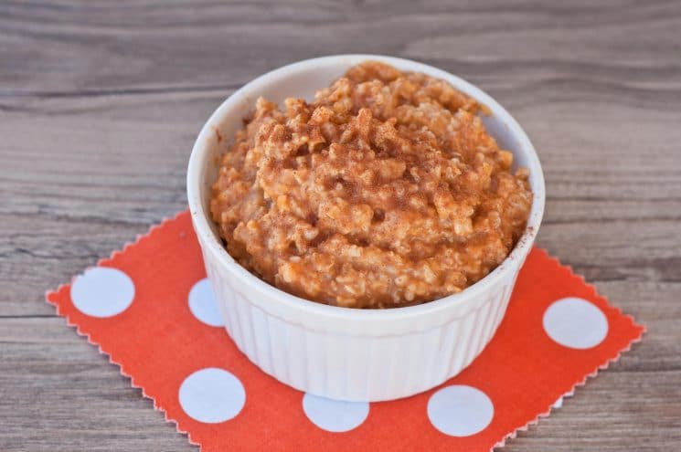 bowl of pumpkin oatmeal on a red napkin