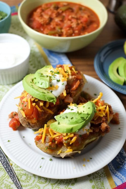 Turkey Chili Potatoes. A great recipe for a filling, healthy potato dinner.