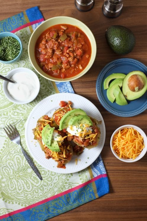 Turkey Chili Potatoes. A great recipe for a filling, healthy potato dinner.