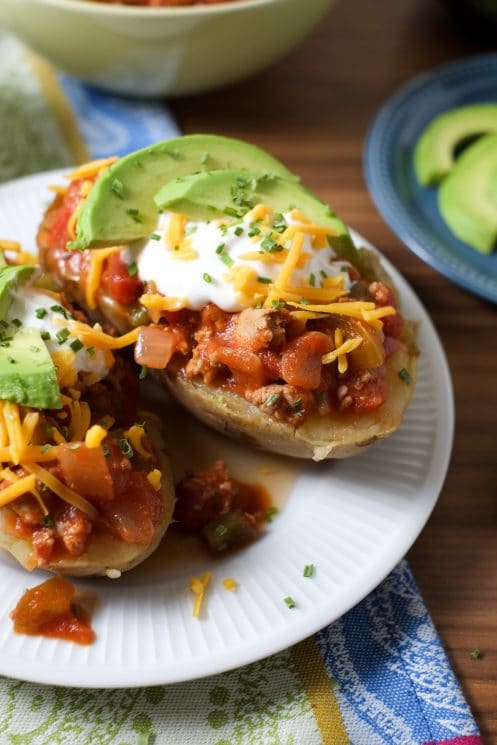 Turkey Chili Potatoes. A great recipe for a filling, healthy potato dinner.