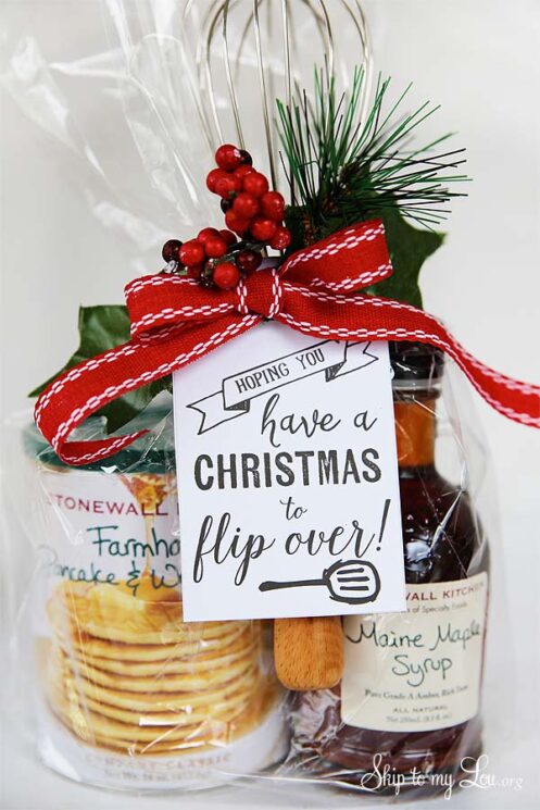 pancake mix and syrup in a bag with a bow