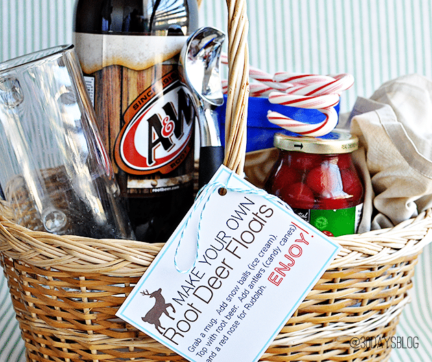 basket with root beer, mugs and ice cream