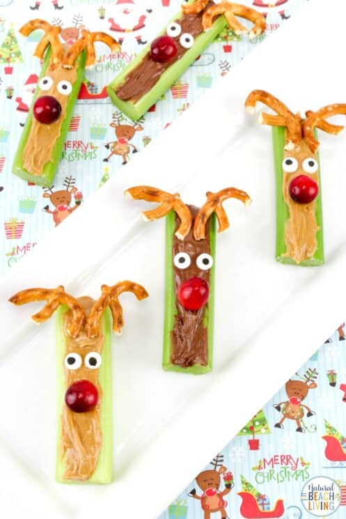 celery stick with peanut butter or nutella topped with a cranberry for a nose and pretzels for antlers on a holiday plate