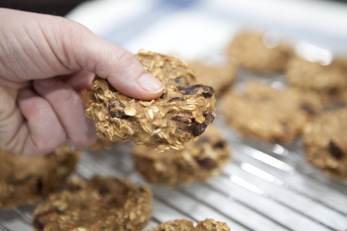 a little hand holding a banana oat and raisin breakfast cookie.