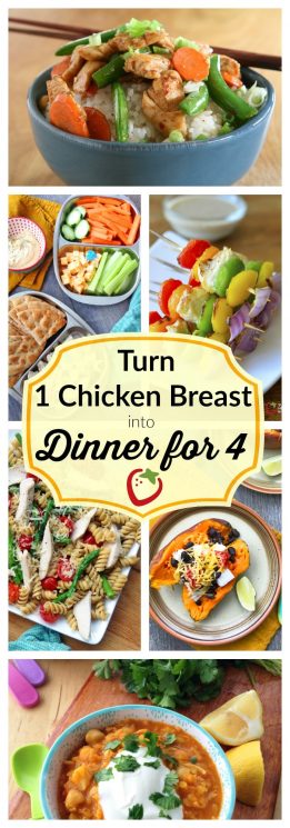 FOOD - Chicken Breast Challenge: Ten Ways to Feed a Family with 1 Chicken Breast. Satisfy meat-eaters in your family AND eat plenty of veggies, beans, and grains...all in the same meal. https://www.superhealthykids.com/chicken-breast-challenge-10-ways-to-feed-4-with-one-chicken-breast/