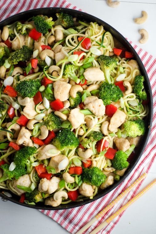 A heaping pan of cashew chicken ready to eat!